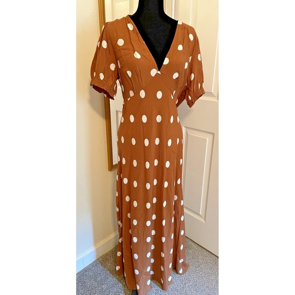 A New Day Women's Maxi Dress Brown Size Large Polka Dots plunge V-Neck Peasant - Picture 1 of 10